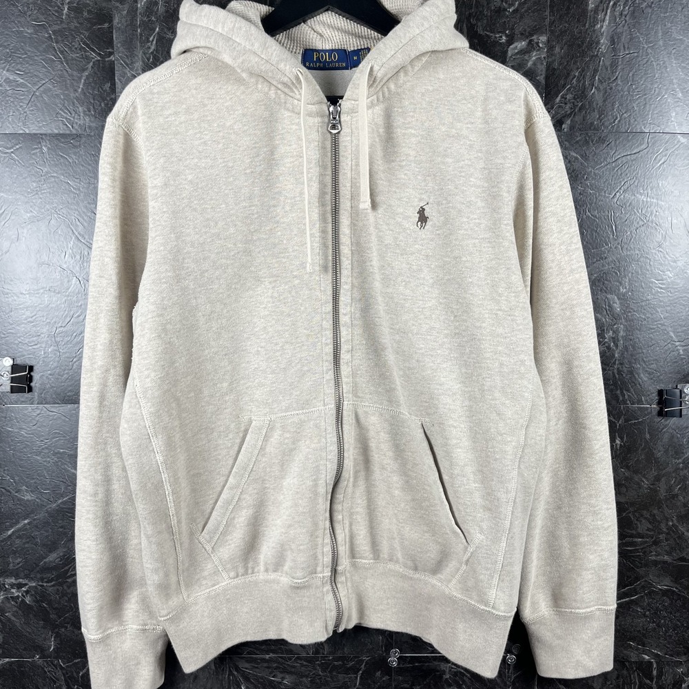 Polo Ralph Lauren Men's Beige Fleece Thermal Zip Hoodie Medium